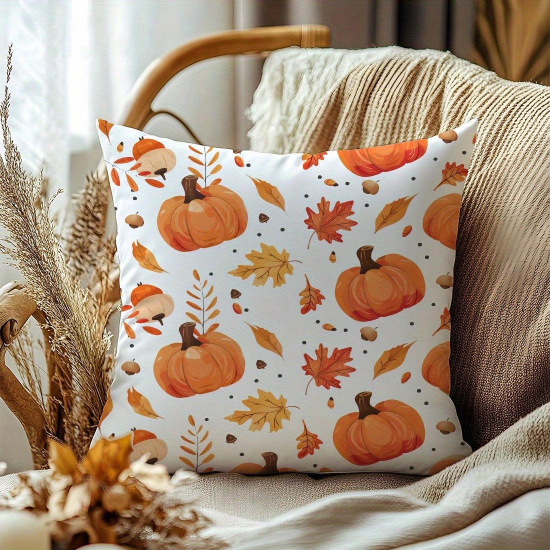 1pc Autumn Pumpkin, Leaves, And Pinecone Print Pillowcase, Cozy Home Decorative Pillow Cover For Living Room, Bedroom, And Sofa Cushions Single Side Without Pillow Core