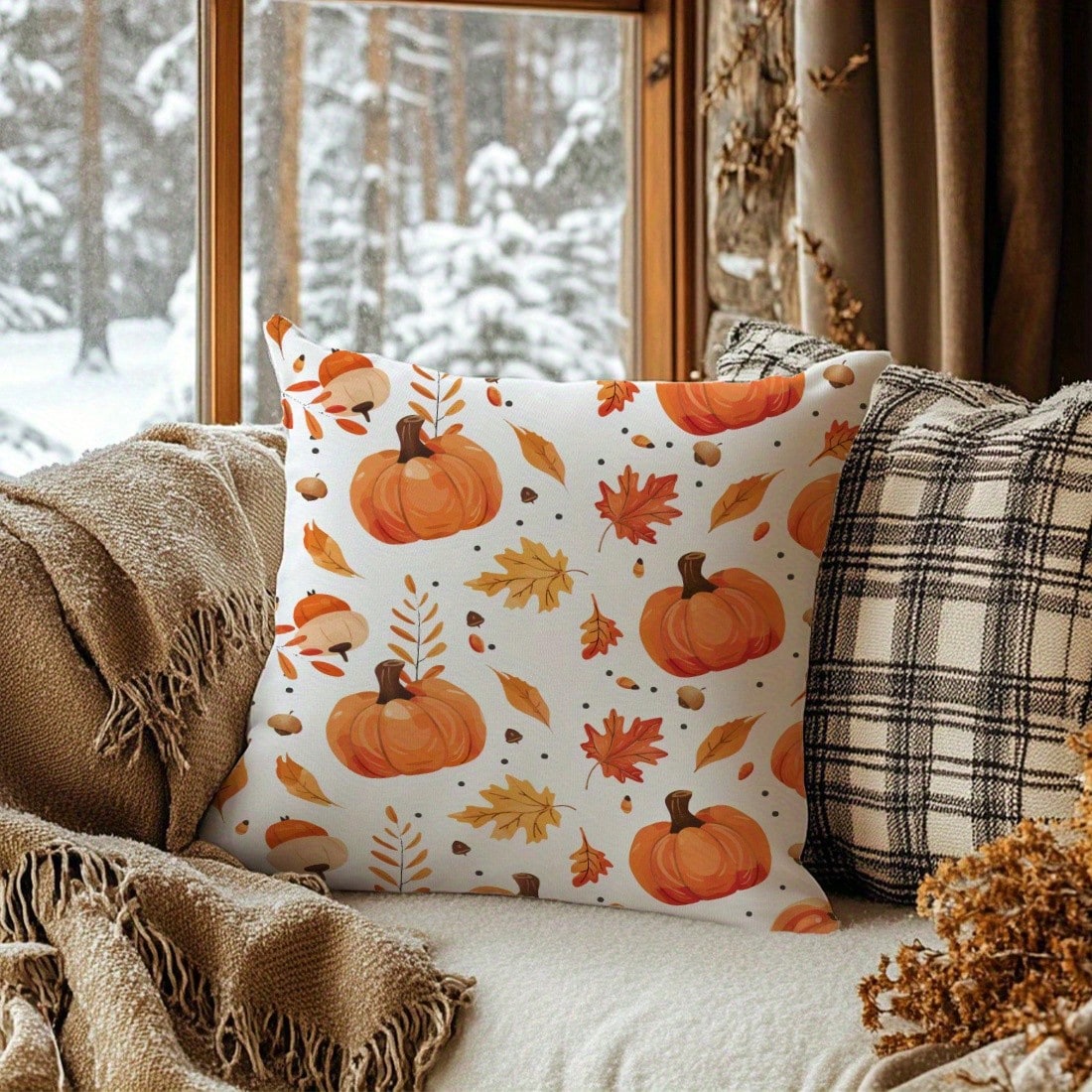 1pc Autumn Pumpkin, Leaves, And Pinecone Print Pillowcase, Cozy Home Decorative Pillow Cover For Living Room, Bedroom, And Sofa Cushions Single Side Without Pillow Core