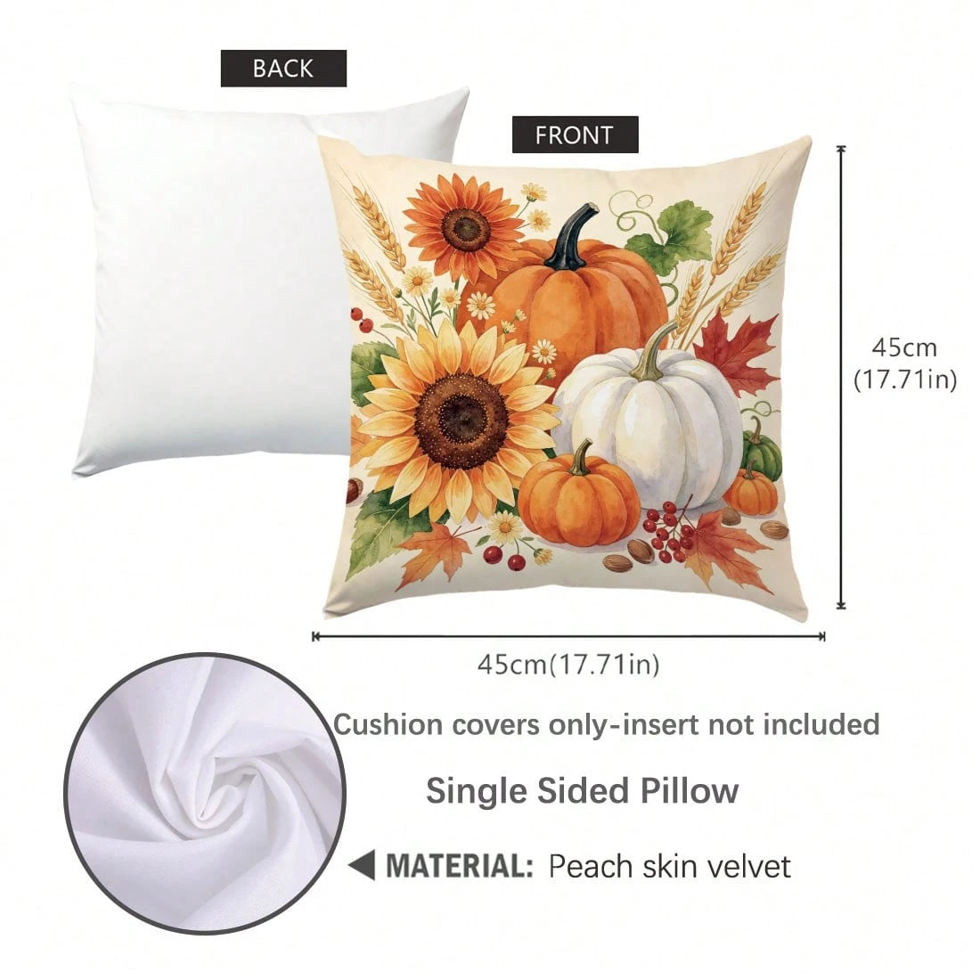 1pc Autumn Watercolor Pumpkin Sunflower Maple Leaf Pattern Cushion Cover, Single-Sided Printed Skin-Friendly Peach Skin Velvet Material, 45*45CM Pillowcase Suitable For Home Indoor Room Living Room De