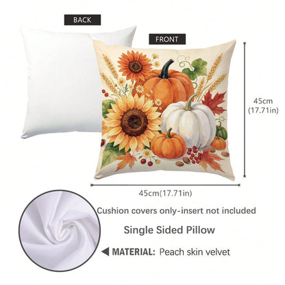 1pc Autumn Watercolor Pumpkin Sunflower Maple Leaf Pattern Cushion Cover, Single-Sided Printed Skin-Friendly Peach Skin Velvet Material, 45*45CM Pillowcase Suitable For Home Indoor Room Living Room De