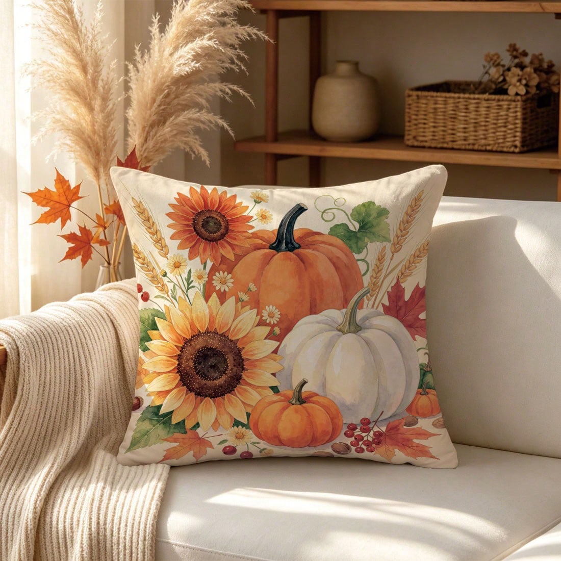 1pc Autumn Watercolor Pumpkin Sunflower Maple Leaf Pattern Cushion Cover, Single-Sided Printed Skin-Friendly Peach Skin Velvet Material, 45*45CM Pillowcase Suitable For Home Indoor Room Living Room De