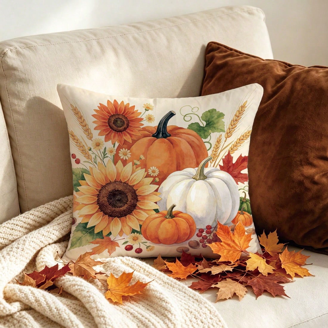 1pc Autumn Watercolor Pumpkin Sunflower Maple Leaf Pattern Cushion Cover, Single-Sided Printed Skin-Friendly Peach Skin Velvet Material, 45*45CM Pillowcase Suitable For Home Indoor Room Living Room De