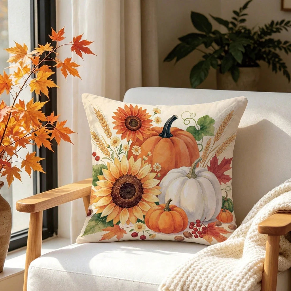 1pc Autumn Watercolor Pumpkin Sunflower Maple Leaf Pattern Cushion Cover, Single-Sided Printed Skin-Friendly Peach Skin Velvet Material, 45*45CM Pillowcase Suitable For Home Indoor Room Living Room De