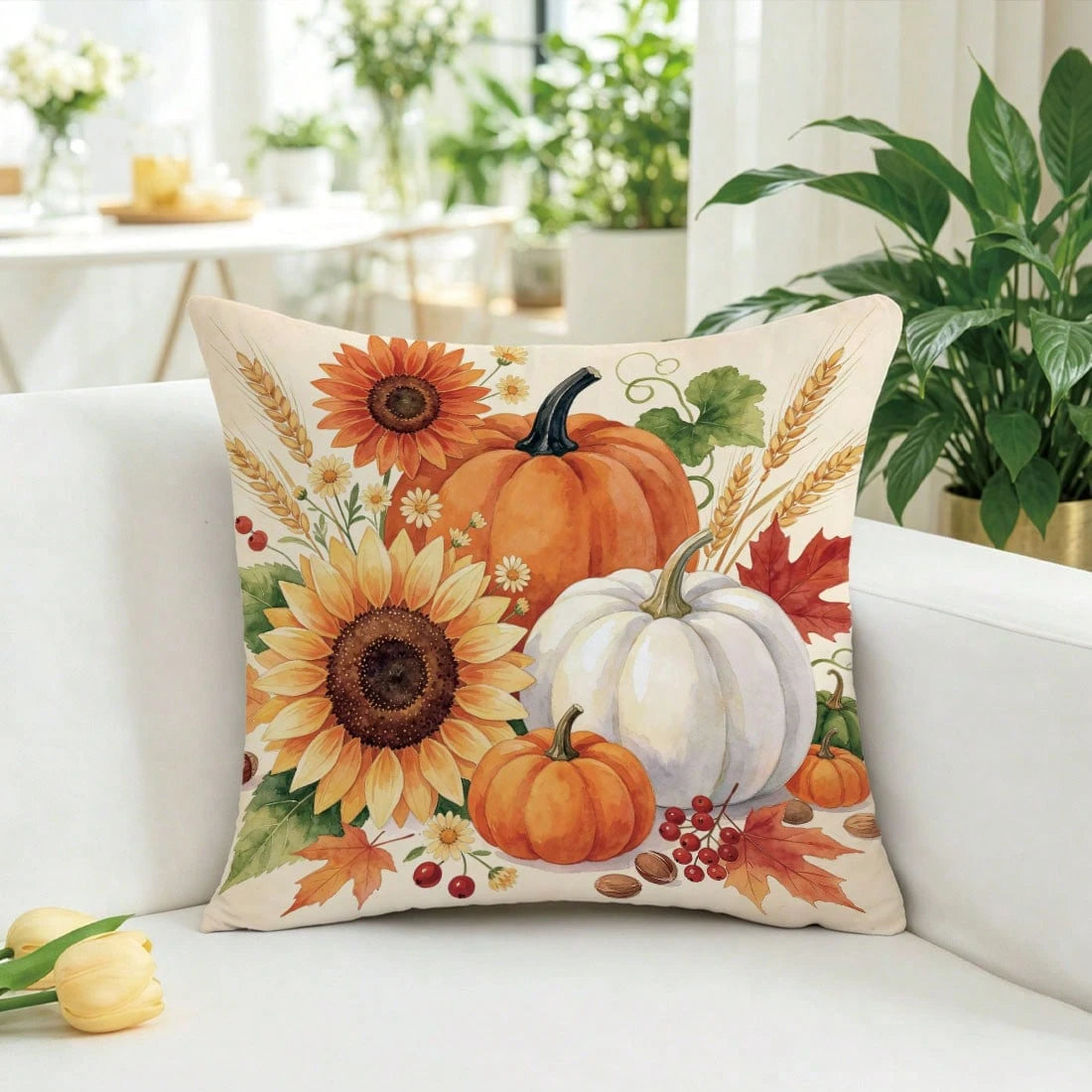 1pc Autumn Watercolor Pumpkin Sunflower Maple Leaf Pattern Cushion Cover, Single-Sided Printed Skin-Friendly Peach Skin Velvet Material, 45*45CM Pillowcase Suitable For Home Indoor Room Living Room De