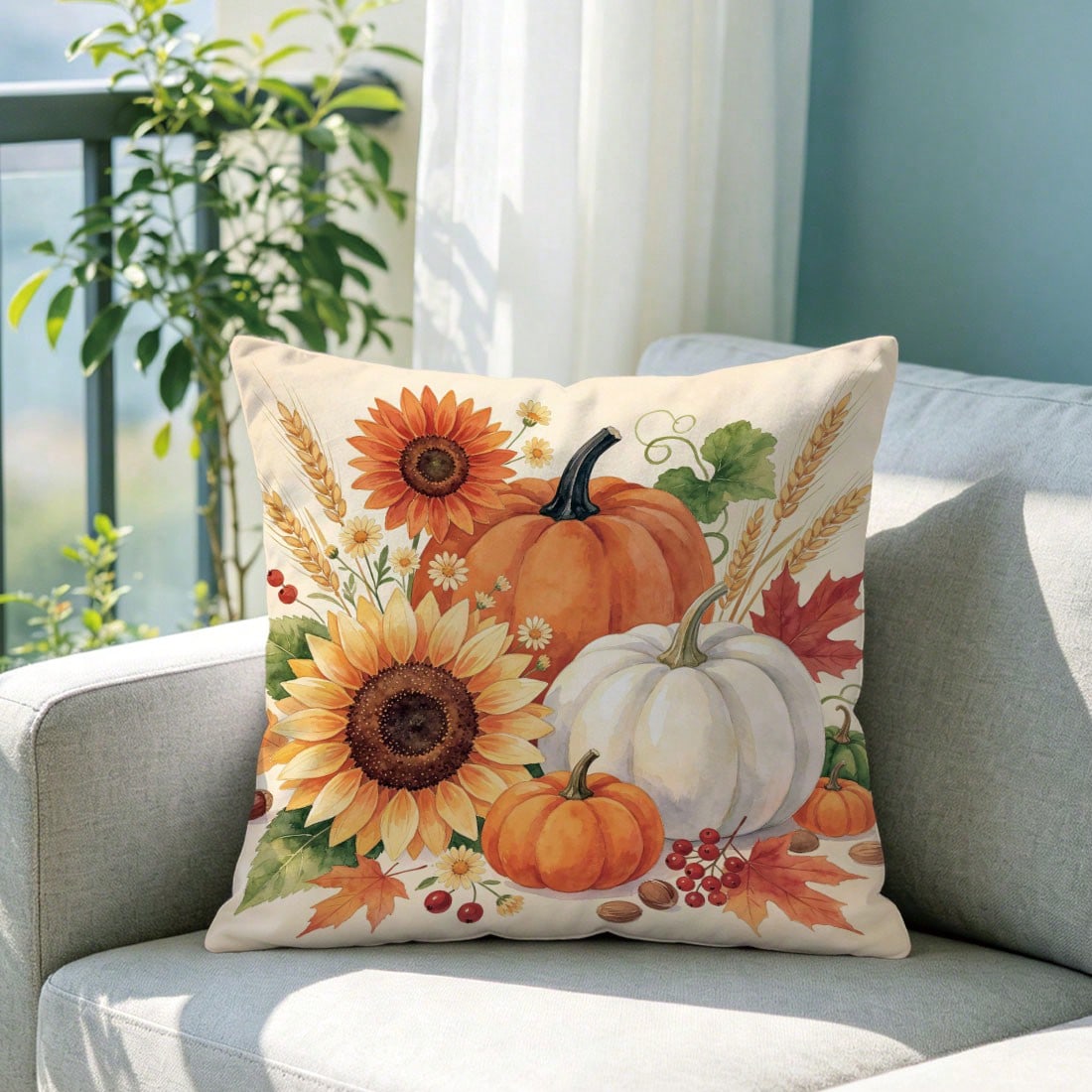 1pc Autumn Watercolor Pumpkin Sunflower Maple Leaf Pattern Cushion Cover, Single-Sided Printed Skin-Friendly Peach Skin Velvet Material, 45*45CM Pillowcase Suitable For Home Indoor Room Living Room De