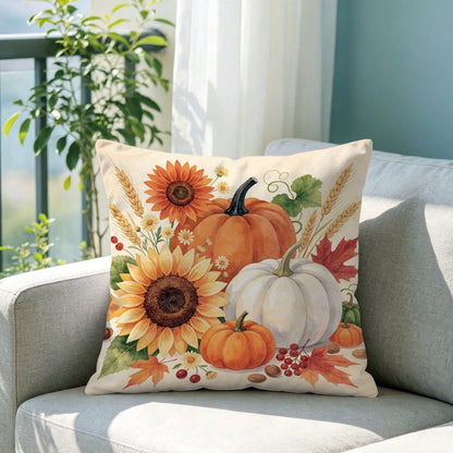 1pc Autumn Watercolor Pumpkin Sunflower Maple Leaf Pattern Cushion Cover, Single-Sided Printed Skin-Friendly Peach Skin Velvet Material, 45*45CM Pillowcase Suitable For Home Indoor Room Living Room De