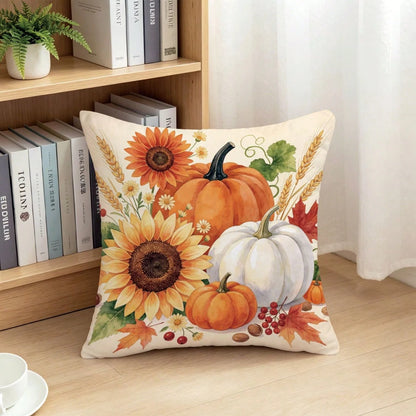 1pc Autumn Watercolor Pumpkin Sunflower Maple Leaf Pattern Cushion Cover, Single-Sided Printed Skin-Friendly Peach Skin Velvet Material, 45*45CM Pillowcase Suitable For Home Indoor Room Living Room De