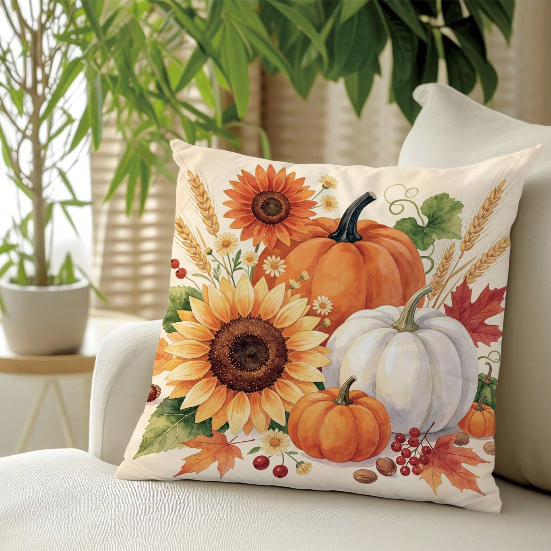 1pc Autumn Watercolor Pumpkin Sunflower Maple Leaf Pattern Cushion Cover, Single-Sided Printed Skin-Friendly Peach Skin Velvet Material, 45*45CM Pillowcase Suitable For Home Indoor Room Living Room De