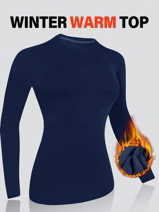 1pc Autumn/Winter Thermal Lined Brushed Navy Blue Round Neck Long Sleeve Slim Fit Warm Top For Women