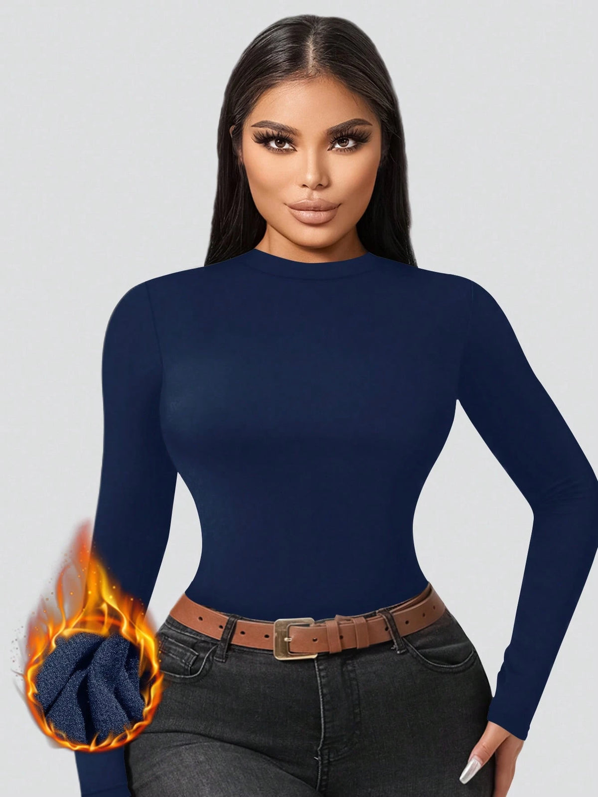 1pc Autumn/Winter Thermal Lined Brushed Navy Blue Round Neck Long Sleeve Slim Fit Warm Top For Women