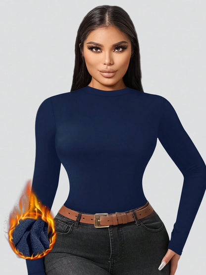 1pc Autumn/Winter Thermal Lined Brushed Navy Blue Round Neck Long Sleeve Slim Fit Warm Top For Women