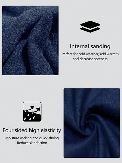 1pc Autumn/Winter Thermal Lined Brushed Navy Blue Round Neck Long Sleeve Slim Fit Warm Top For Women