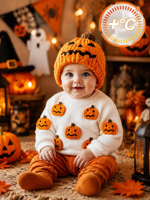1pc Baby Boy Spring/Autumn Pure White Fun Holiday Style Pumpkin 3D Applique Crew Neck Long Sleeve Knit Top, Loose Comfortable Fit, Suitable For Daily Outings, Halloween Parties, Outdoor Play, Fa