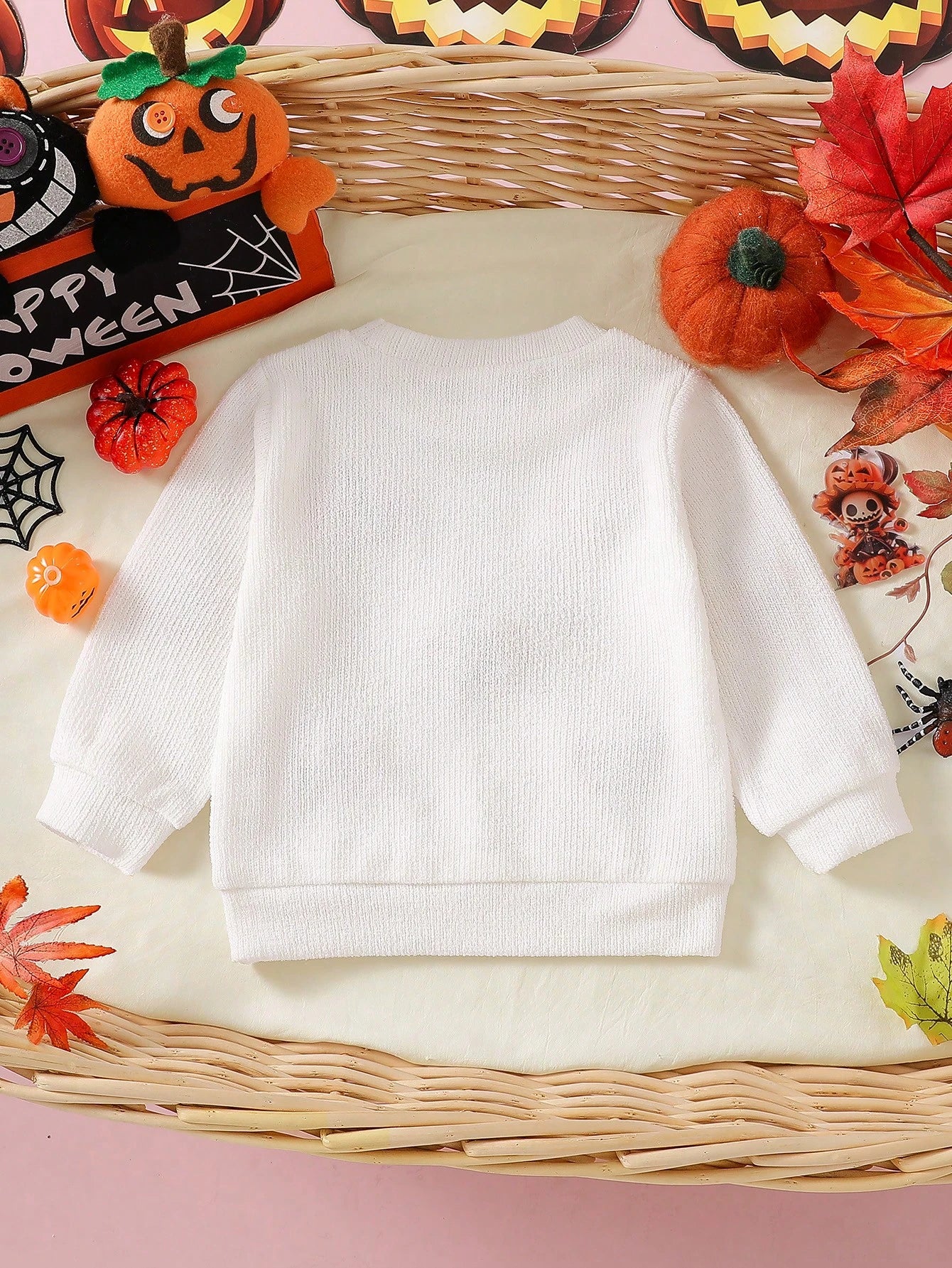 1pc Baby Boy Spring/Autumn Pure White Fun Holiday Style Pumpkin 3D Applique Crew Neck Long Sleeve Knit Top, Loose Comfortable Fit, Suitable For Daily Outings, Halloween Parties, Outdoor Play, Fa
