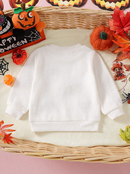 1pc Baby Boy Spring/Autumn Pure White Fun Holiday Style Pumpkin 3D Applique Crew Neck Long Sleeve Knit Top, Loose Comfortable Fit, Suitable For Daily Outings, Halloween Parties, Outdoor Play, Fa
