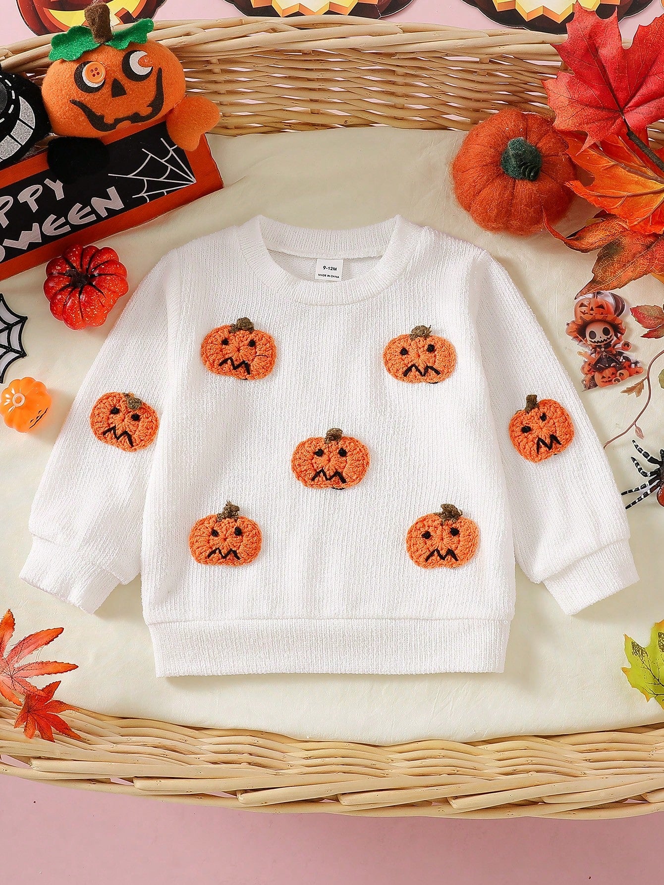 1pc Baby Boy Spring/Autumn Pure White Fun Holiday Style Pumpkin 3D Applique Crew Neck Long Sleeve Knit Top, Loose Comfortable Fit, Suitable For Daily Outings, Halloween Parties, Outdoor Play, Fa