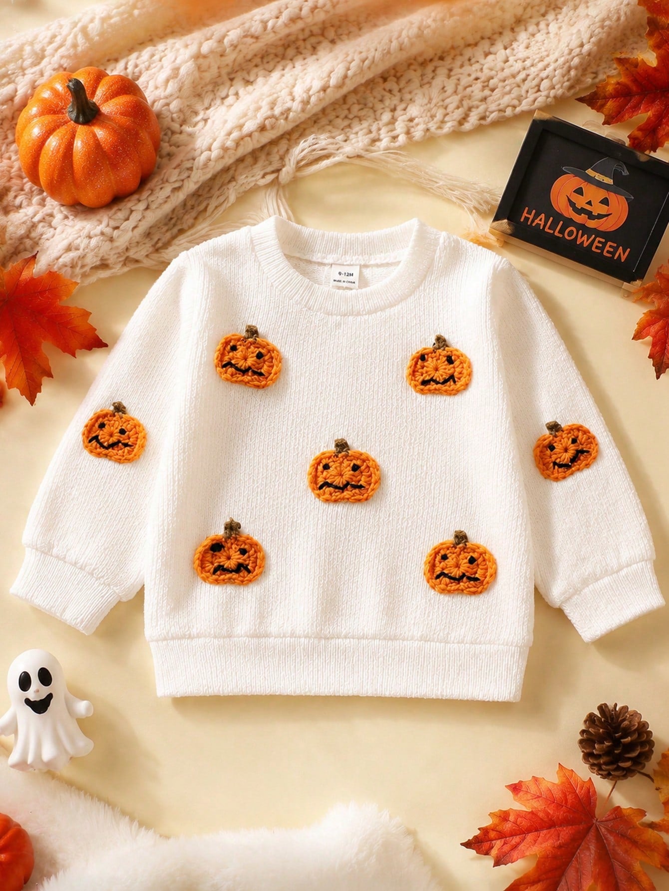 1pc Baby Boy Spring/Autumn Pure White Fun Holiday Style Pumpkin 3D Applique Crew Neck Long Sleeve Knit Top, Loose Comfortable Fit, Suitable For Daily Outings, Halloween Parties, Outdoor Play, Fa