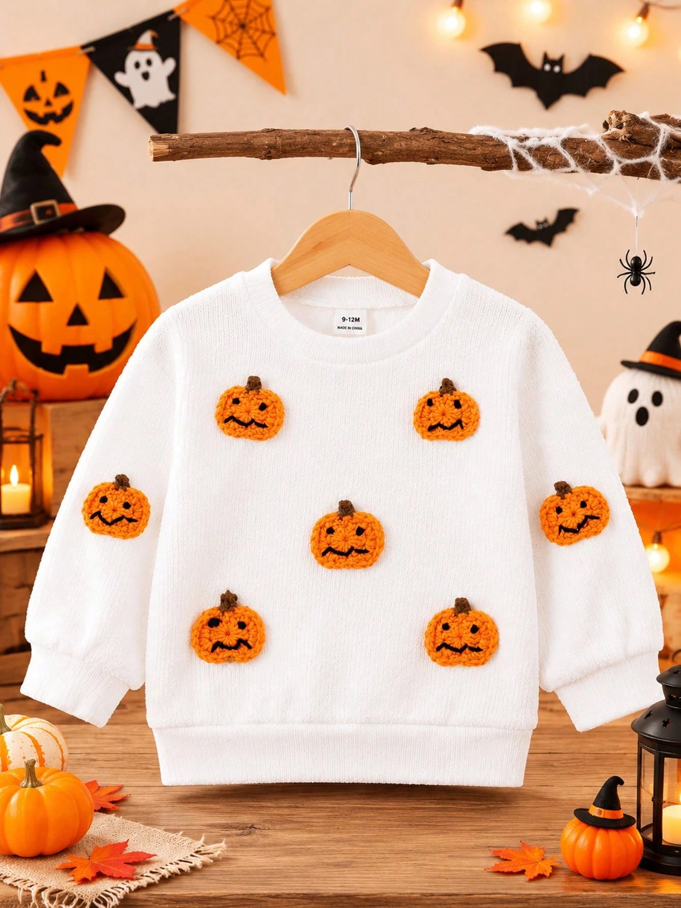 1pc Baby Boy Spring/Autumn Pure White Fun Holiday Style Pumpkin 3D Applique Crew Neck Long Sleeve Knit Top, Loose Comfortable Fit, Suitable For Daily Outings, Halloween Parties, Outdoor Play, Fa