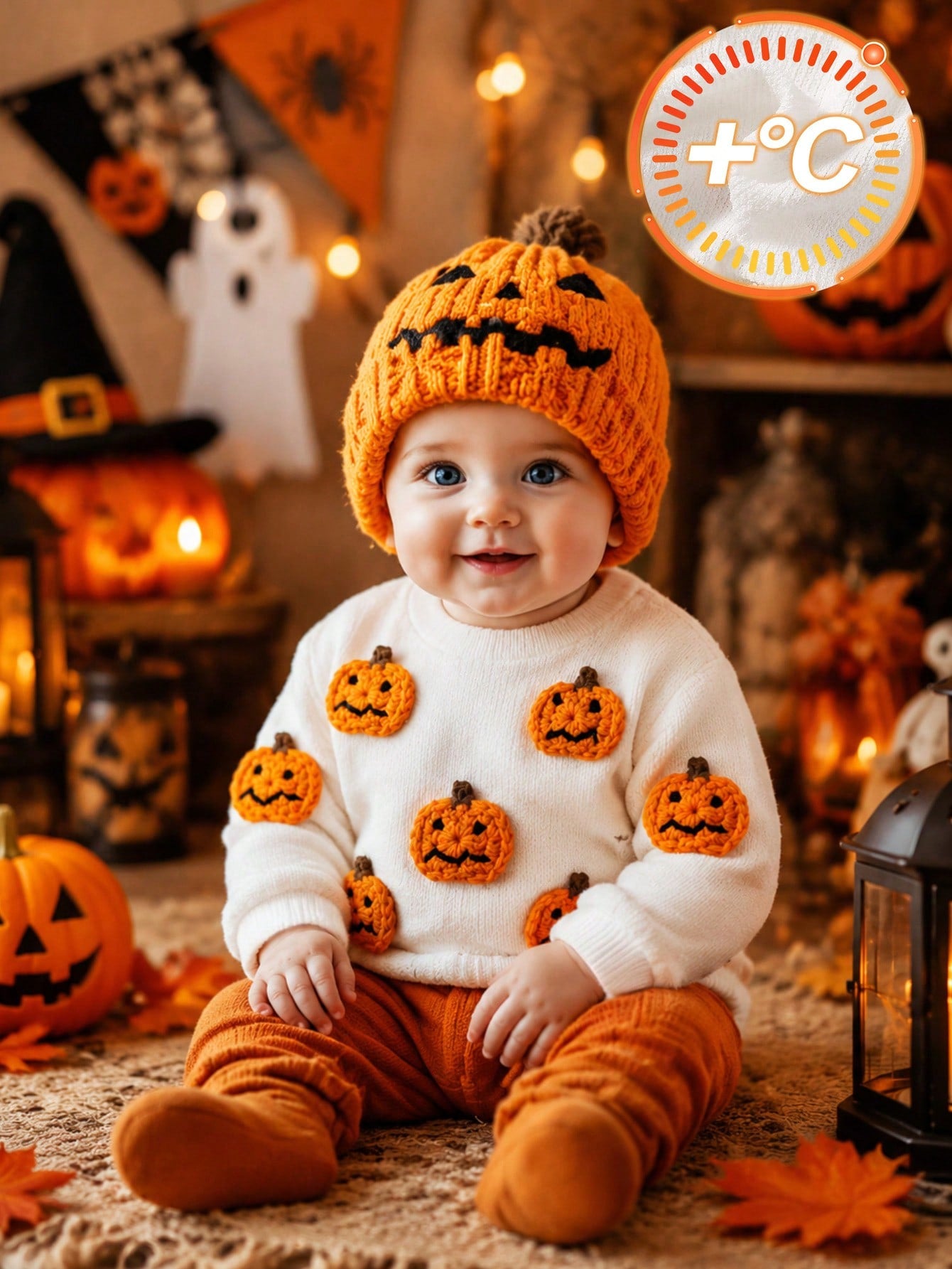 1pc Baby Boy Spring/Autumn Pure White Fun Holiday Style Pumpkin 3D Applique Crew Neck Long Sleeve Knit Top, Loose Comfortable Fit, Suitable For Daily Outings, Halloween Parties, Outdoor Play, Fa