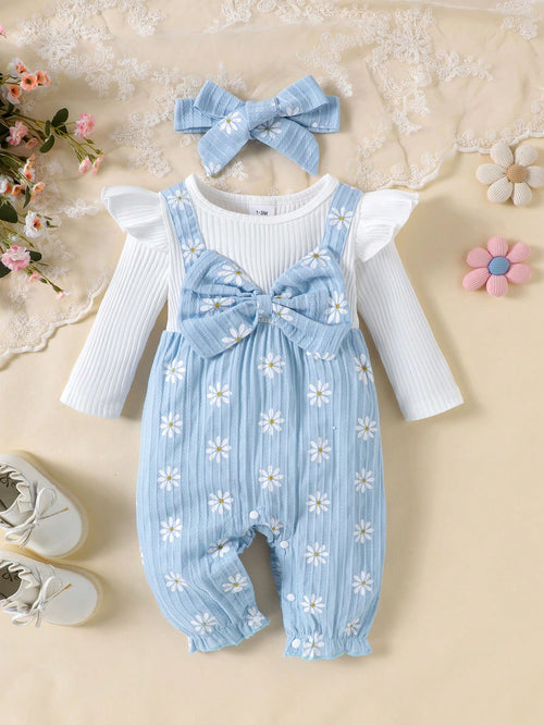 1pc Baby Girl Cute Ribbed Bowknot Daisy Print Jumpsuit With Headband, Lightweight For Spring/Autumn