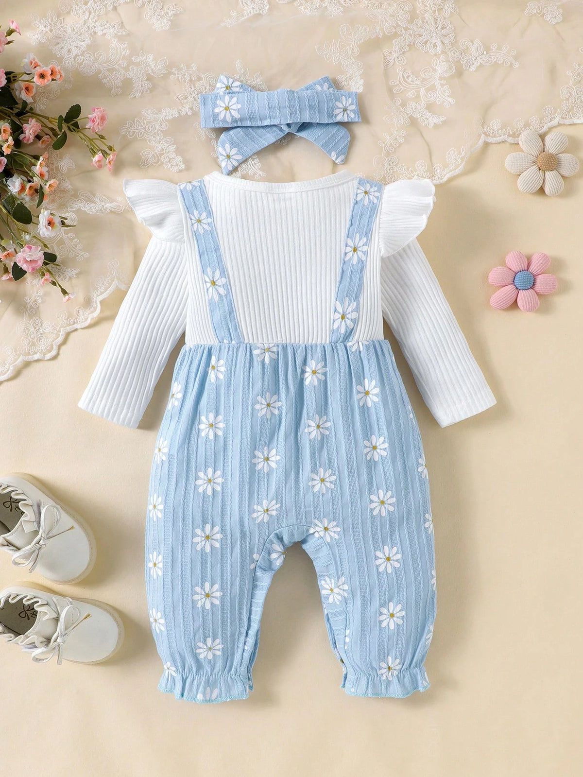 1pc Baby Girl Cute Ribbed Bowknot Daisy Print Jumpsuit With Headband, Lightweight For Spring/Autumn