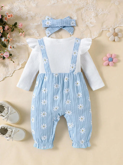 1pc Baby Girl Cute Ribbed Bowknot Daisy Print Jumpsuit With Headband, Lightweight For Spring/Autumn