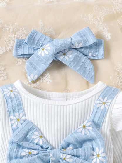 1pc Baby Girl Cute Ribbed Bowknot Daisy Print Jumpsuit With Headband, Lightweight For Spring/Autumn