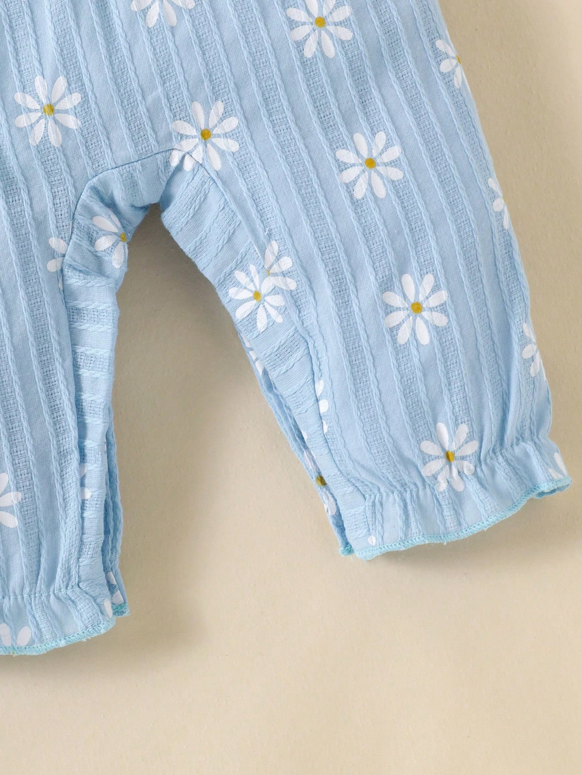 1pc Baby Girl Cute Ribbed Bowknot Daisy Print Jumpsuit With Headband, Lightweight For Spring/Autumn