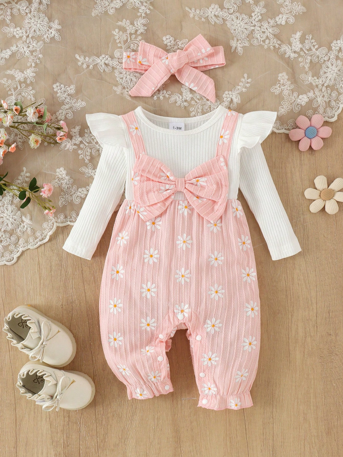 1pc Baby Girl Cute Ribbed Bowknot Daisy Print Jumpsuit With Headband, Lightweight For Spring/Autumn