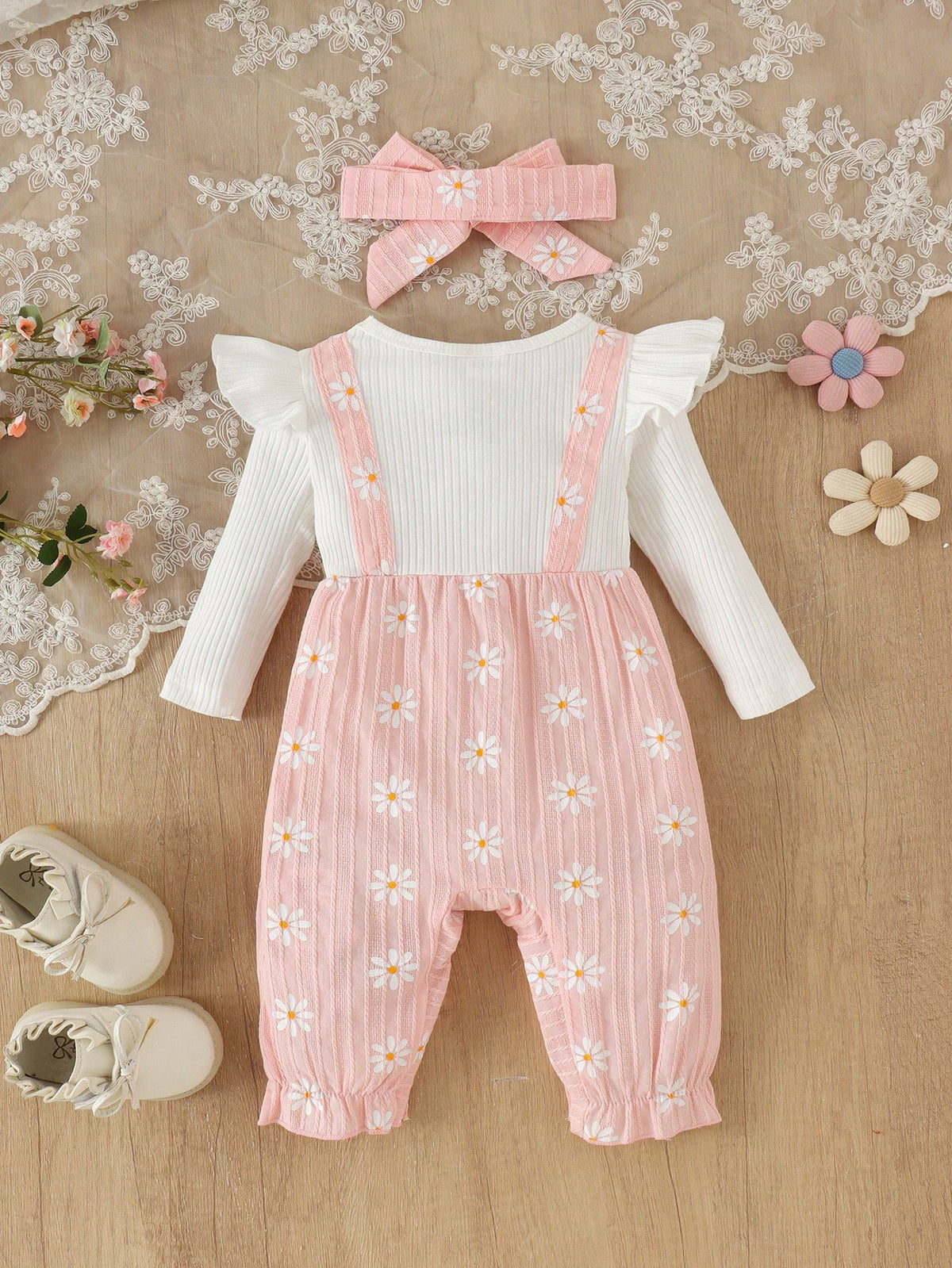 1pc Baby Girl Cute Ribbed Bowknot Daisy Print Jumpsuit With Headband, Lightweight For Spring/Autumn