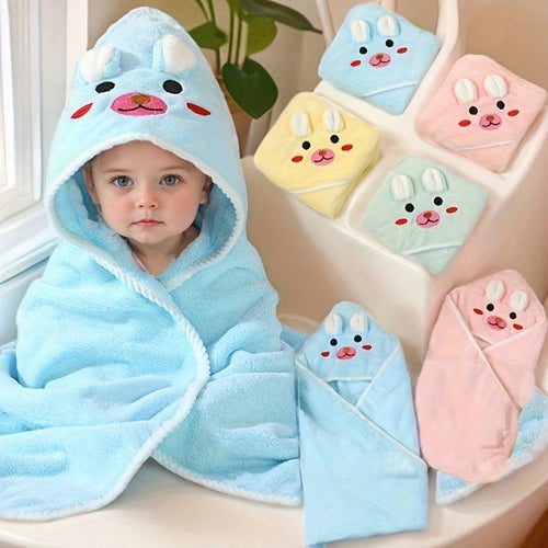 1pc Baby Hooded Bath Towel, Reinforced Braided Trim, 4 Cartoon Patterns, 100% Polyester Soft & Absorbent, Essential Newborn Item