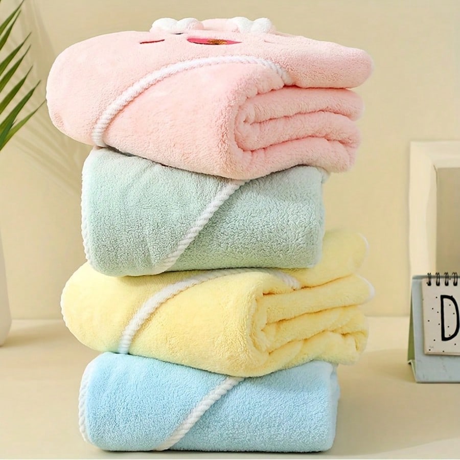1pc Baby Hooded Bath Towel, Reinforced Braided Trim, 4 Cartoon Patterns, 100% Polyester Soft & Absorbent, Essential Newborn Item