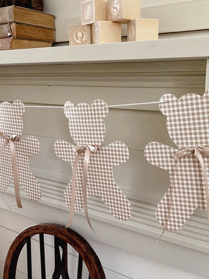 1pc Baby Party Bear Garland Banner, We Can't Wait! Neutral Boho Style Bear Baby Shower Decor, Adjustable Length Bear Banner, Bear Birthday Decoration, Nursery Decor