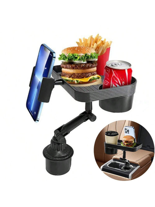 1pc Black Car Cup Holder With Tray & Phone Holder & Adjustable Base For Center Console And Backseat, Universal Joint Navigation Bracket