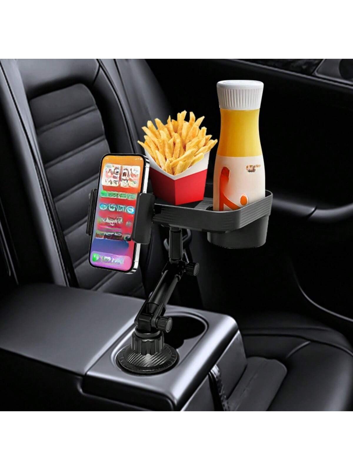 1pc Black Car Cup Holder With Tray & Phone Holder & Adjustable Base For Center Console And Backseat, Universal Joint Navigation Bracket