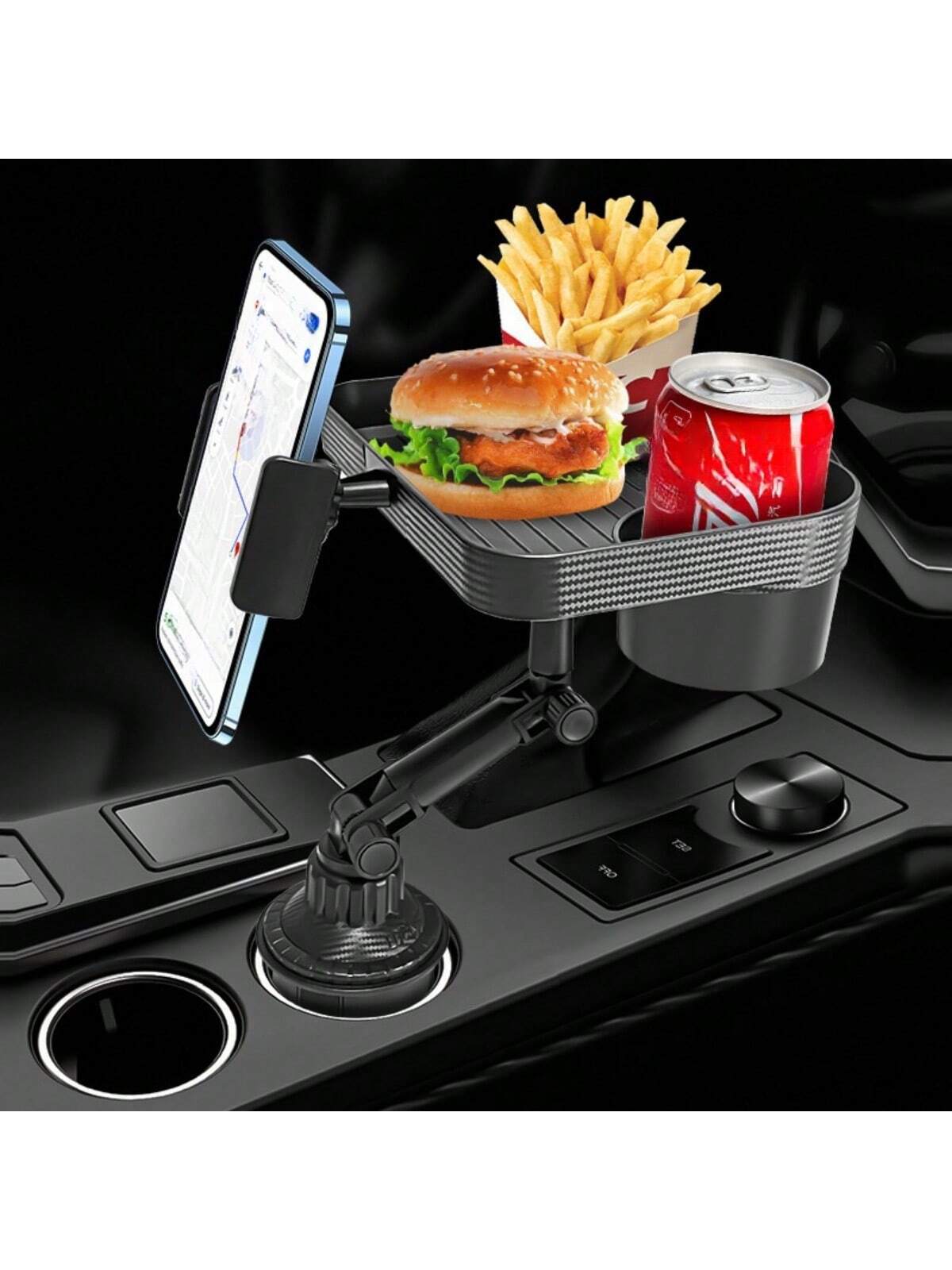 1pc Black Car Cup Holder With Tray & Phone Holder & Adjustable Base For Center Console And Backseat, Universal Joint Navigation Bracket