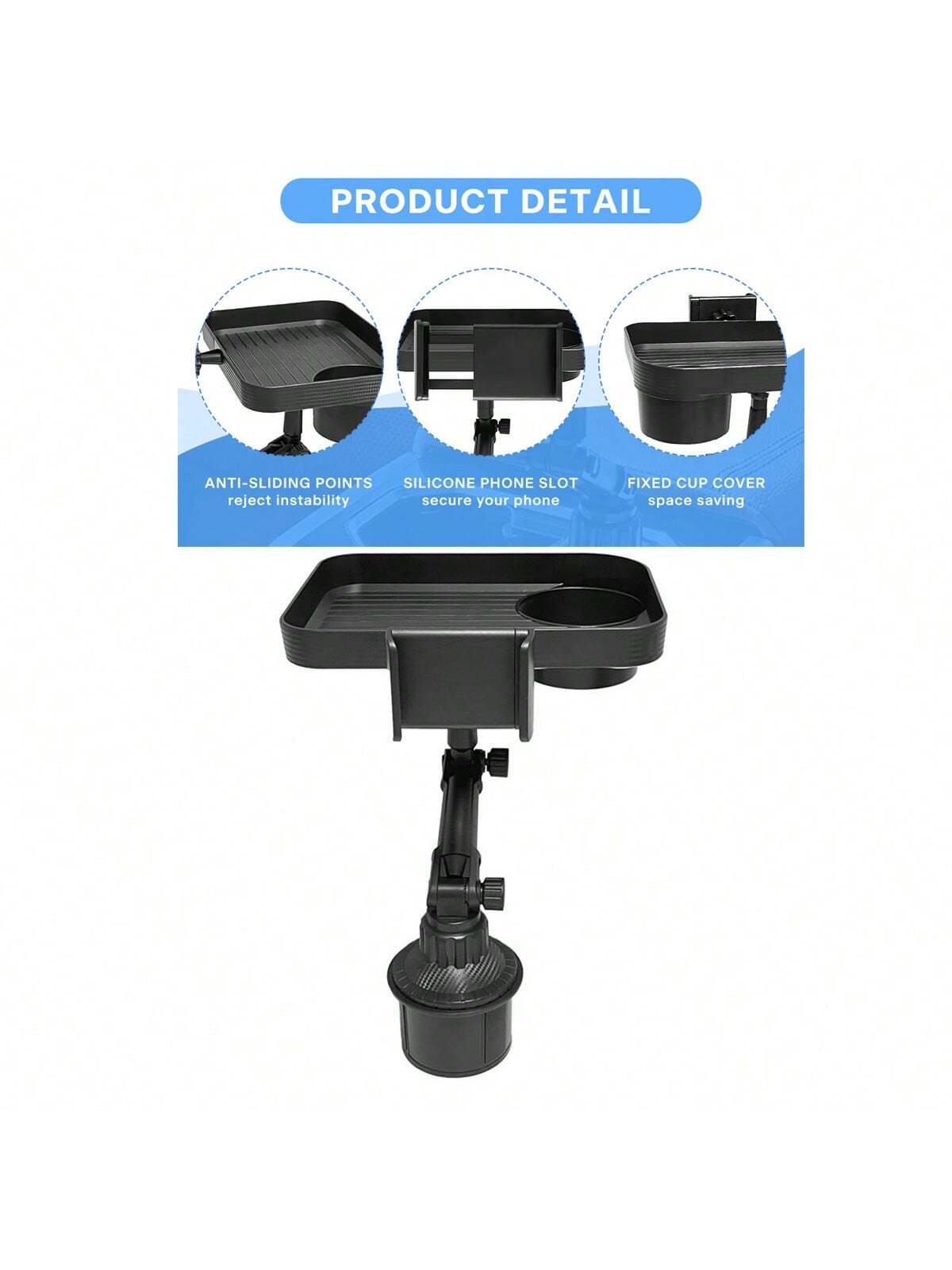 1pc Black Car Cup Holder With Tray & Phone Holder & Adjustable Base For Center Console And Backseat, Universal Joint Navigation Bracket
