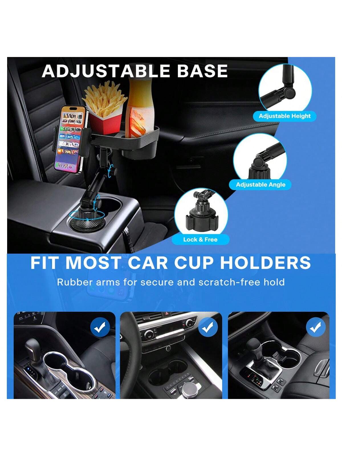 1pc Black Car Cup Holder With Tray & Phone Holder & Adjustable Base For Center Console And Backseat, Universal Joint Navigation Bracket