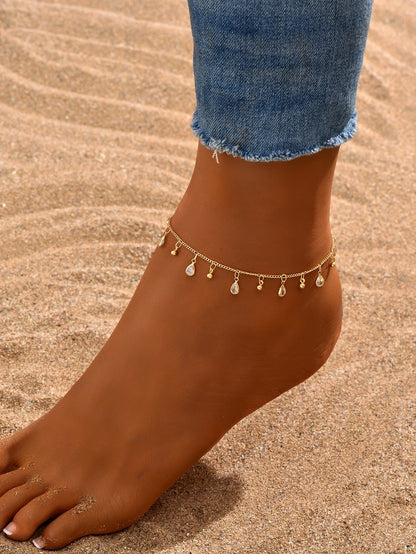 1pc Bohemian Beach Style Waterdrop Cubic Zirconia Decor Ankle Chain For Women, Vacation Dating Gift