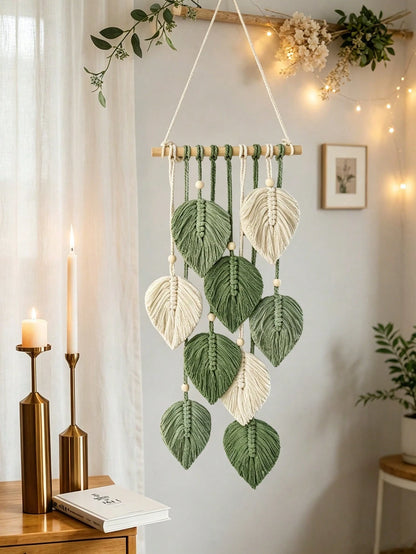 1pc Bohemian Style Tassel Wall Hanging, Unique Leaf Hanging Decoration, Handmade Woven Tassel Wooden Bead Pendant, Creative And Beautiful, Suitable For Wedding, Birthday, Back To School, Graduation Gi