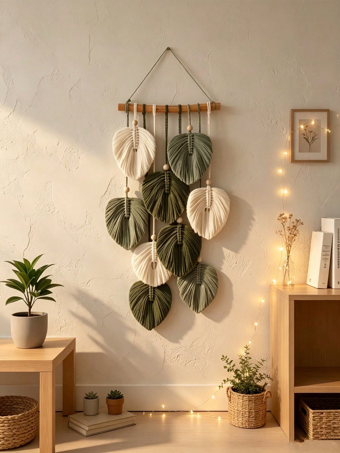 1pc Bohemian Style Tassel Wall Hanging, Unique Leaf Hanging Decoration, Handmade Woven Tassel Wooden Bead Pendant, Creative And Beautiful, Suitable For Wedding, Birthday, Back To School, Graduation Gi