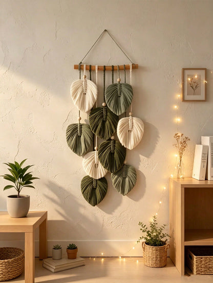 1pc Bohemian Style Tassel Wall Hanging, Unique Leaf Hanging Decoration, Handmade Woven Tassel Wooden Bead Pendant, Creative And Beautiful, Suitable For Wedding, Birthday, Back To School, Graduation Gi