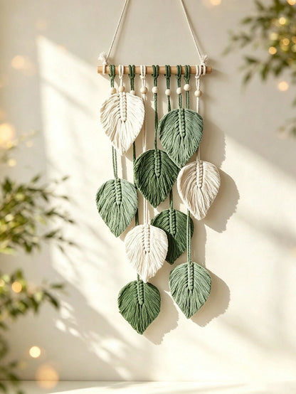1pc Bohemian Style Tassel Wall Hanging, Unique Leaf Hanging Decoration, Handmade Woven Tassel Wooden Bead Pendant, Creative And Beautiful, Suitable For Wedding, Birthday, Back To School, Graduation Gi