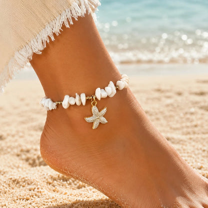 1pc Bohemian Vintage Elegant Exquisite Crushed Stone Oil-Drip Starfish Pendant Anklet, Suitable For Women's Daily Casual, Travel, Banquet, Music Festival, Party, Beach Vacation Wear (Crushed Stone Bea