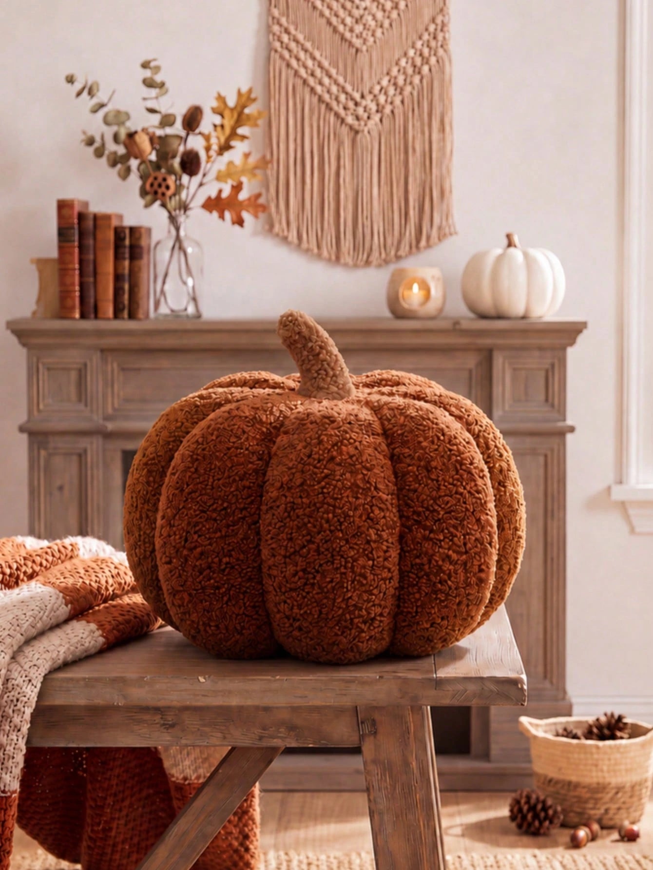 1pc Brown Pumpkin Pillow, Cozy Sherpa Plush Round Stuffed Cushion With Soft Textured Details, Decorative Throw Pillow For Sofa, Bed, Bedroom Decor And Living Room Decor, Fall Harvest Halloween Thanksg