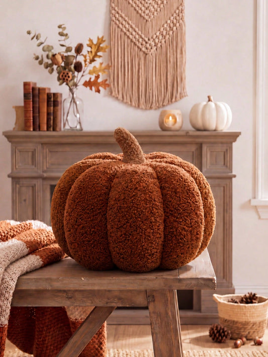 1pc Brown Pumpkin Pillow, Cozy Sherpa Plush Round Stuffed Cushion With Soft Textured Details, Decorative Throw Pillow For Sofa, Bed, Bedroom Decor And Living Room Decor, Fall Harvest Halloween Thanksg