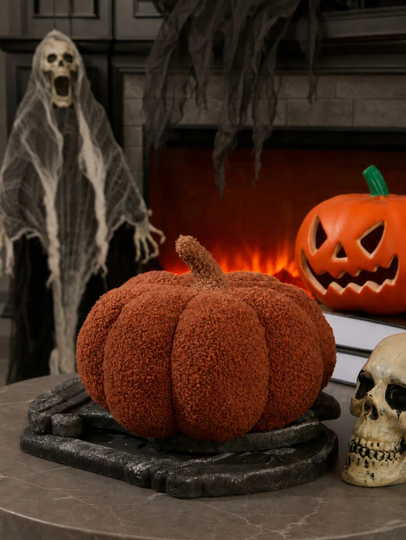 1pc Brown Pumpkin Pillow, Cozy Sherpa Plush Round Stuffed Cushion With Soft Textured Details, Decorative Throw Pillow For Sofa, Bed, Bedroom Decor And Living Room Decor, Fall Harvest Halloween Thanksg
