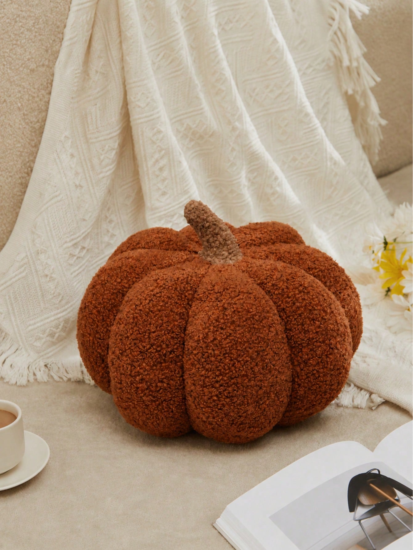 1pc Brown Pumpkin Pillow, Cozy Sherpa Plush Round Stuffed Cushion With Soft Textured Details, Decorative Throw Pillow For Sofa, Bed, Bedroom Decor And Living Room Decor, Fall Harvest Halloween Thanksg