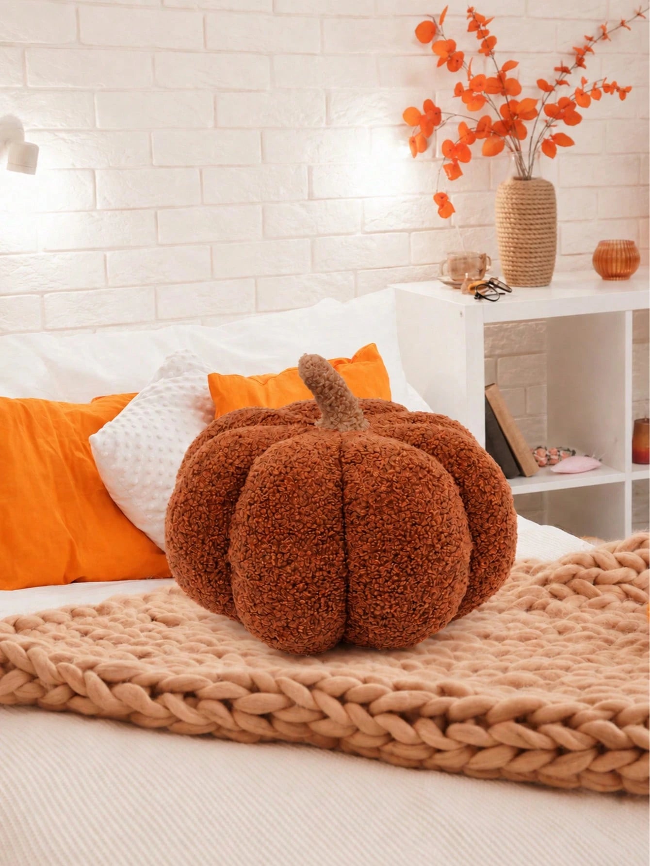 1pc Brown Pumpkin Pillow, Cozy Sherpa Plush Round Stuffed Cushion With Soft Textured Details, Decorative Throw Pillow For Sofa, Bed, Bedroom Decor And Living Room Decor, Fall Harvest Halloween Thanksg