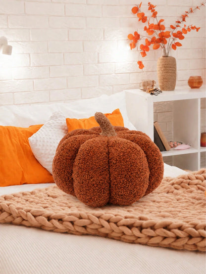 1pc Brown Pumpkin Pillow, Cozy Sherpa Plush Round Stuffed Cushion With Soft Textured Details, Decorative Throw Pillow For Sofa, Bed, Bedroom Decor And Living Room Decor, Fall Harvest Halloween Thanksg